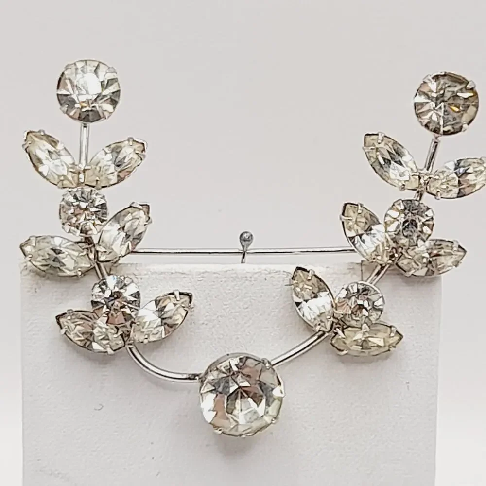 Vintage Clear Rhinestone Brooch Mid-Century Silver Tone Wedding Pin 2 1/2 Inch